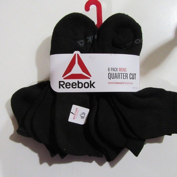 Men's Reebok Quarter Cut Socks Black Moisture Control Cushion Comfort Pack of 6 - Picture 1 of 5
